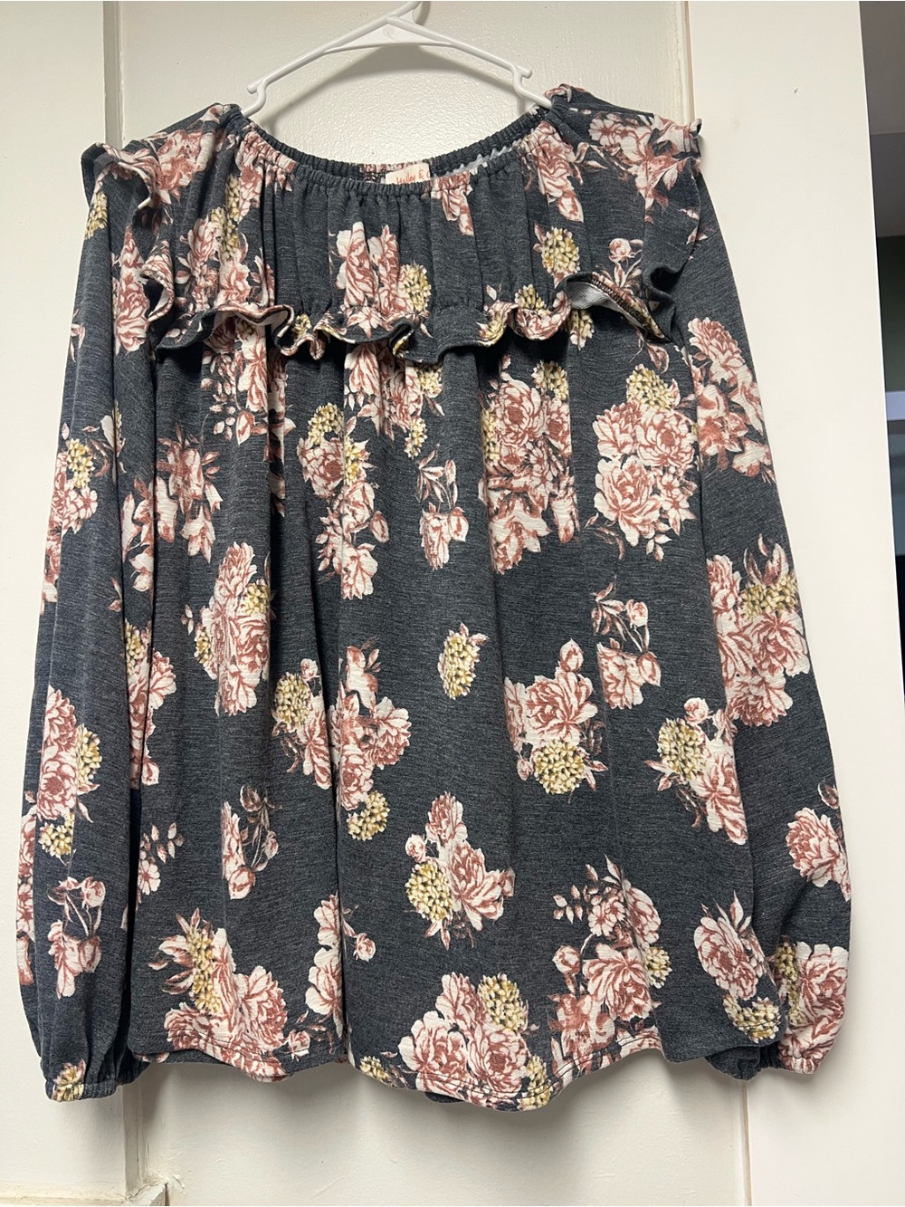 Charcoal Floral Ruffle Off-Shoulder Blouse
